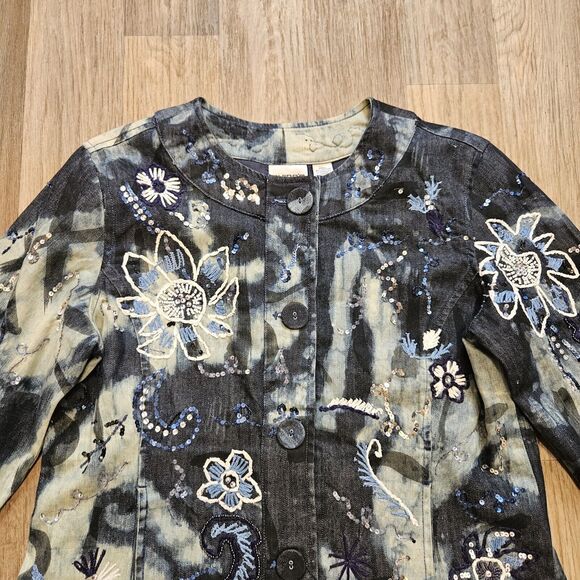 Vtg Chicos Denim Jacket Womens 1/M Embroidered Floral Tie Dye Hippie Artsy Boho - Picture 2 of 8